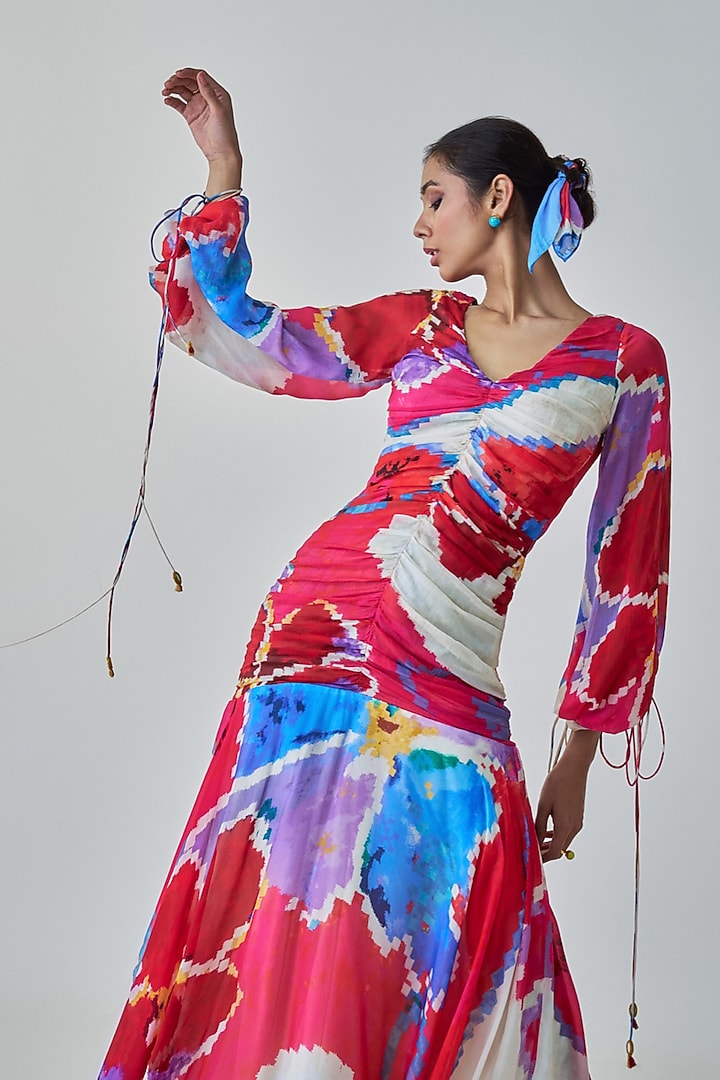 Pink & Red Satin Ikat Printed Maxi Vacation Dress by Saaksha & Kinni at Pernia's Pop Up Shop