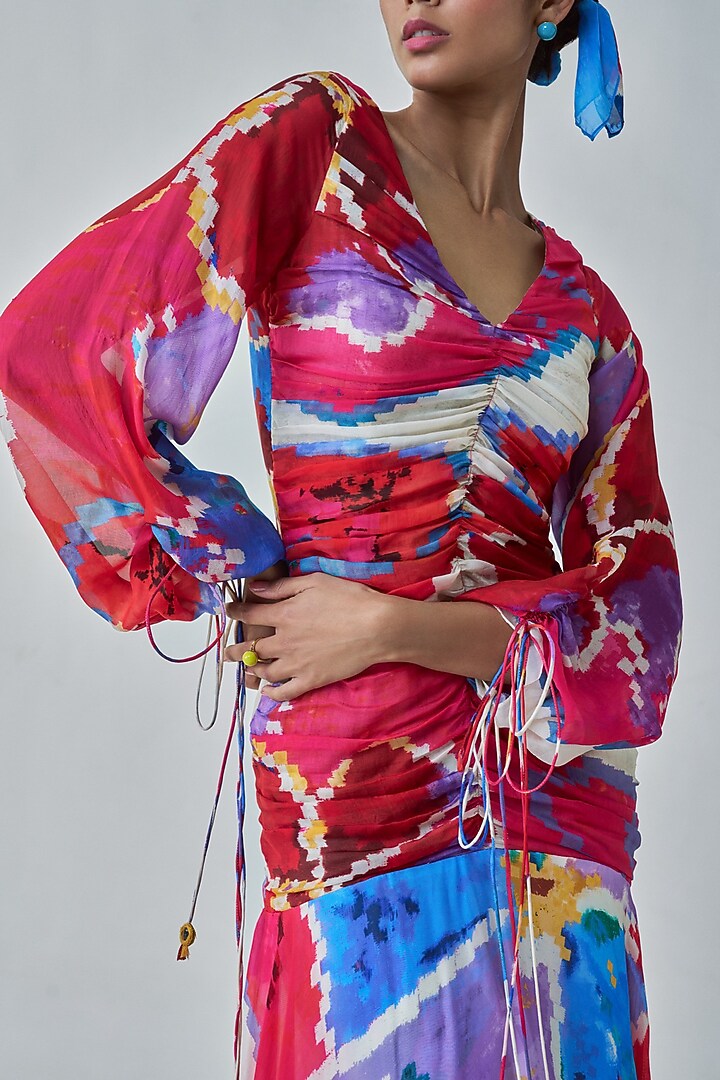 Pink & Red Satin Ikat Printed Maxi Vacation Dress by Saaksha & Kinni at Pernia's Pop Up Shop
