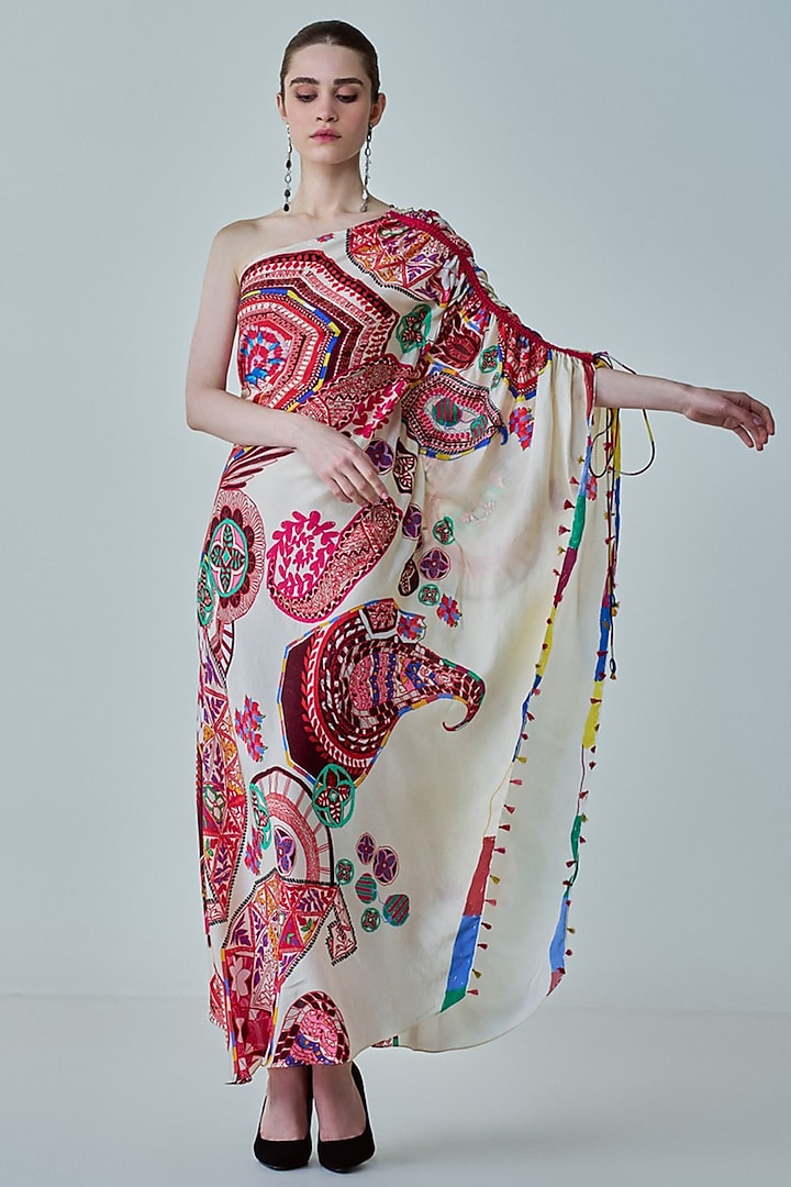 Ivory & Multi-Colored Habutai Paisley Printed Asymmetrical One-Shoulder Kaftan by Saaksha & Kinni