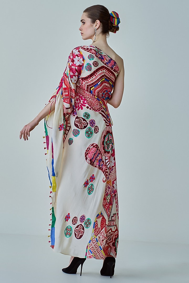 Ivory & Multi-Colored Habutai Paisley Printed Asymmetrical One-Shoulder Kaftan by Saaksha & Kinni at Pernia's Pop Up Shop