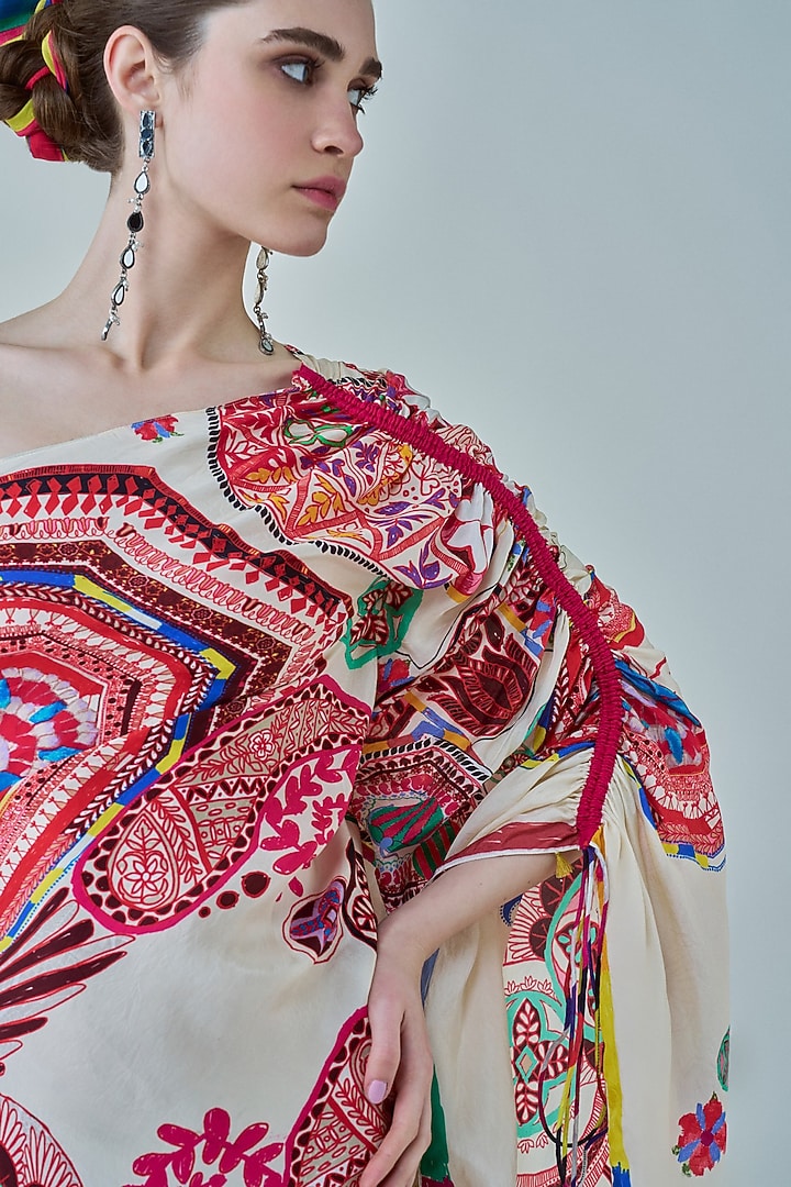 Ivory & Multi-Colored Habutai Paisley Printed Asymmetrical One-Shoulder Kaftan by Saaksha & Kinni at Pernia's Pop Up Shop