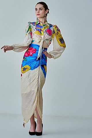 Ivory & Multi-Colored Cotton Silk Floral Printed Skirt Set by Saaksha & Kinni