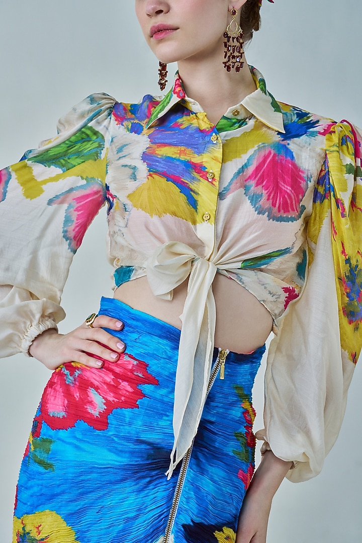 Ivory & Multi-Colored Cotton Silk Floral Printed Skirt Set by Saaksha & Kinni at Pernia's Pop Up Shop