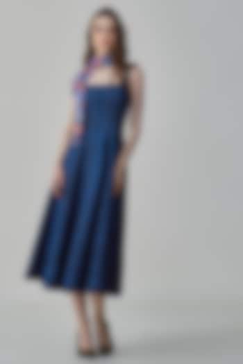 Blue Denim Flared Midi Dress by Saaksha & Kinni