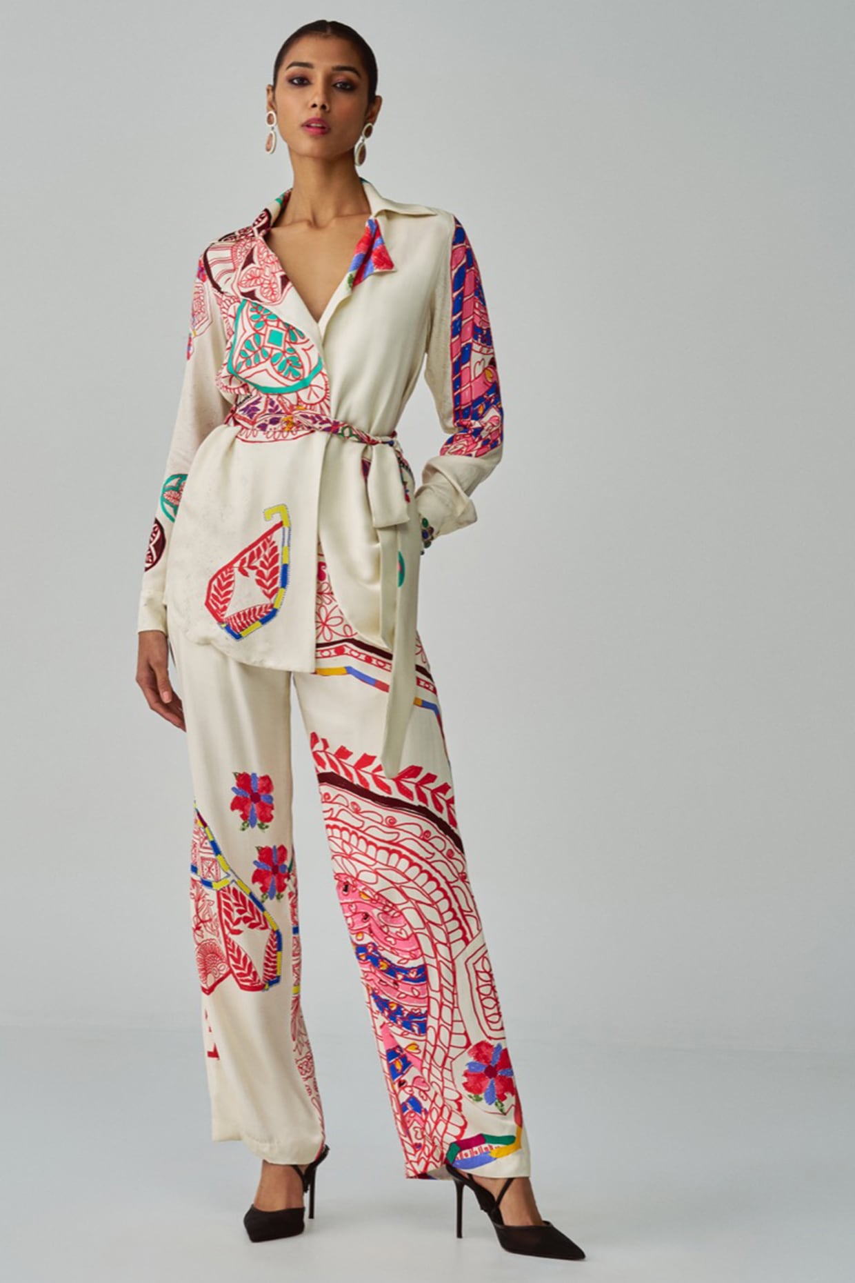 Ivory & Multi-Colored Habutai Paisley Printed Jacket Set by