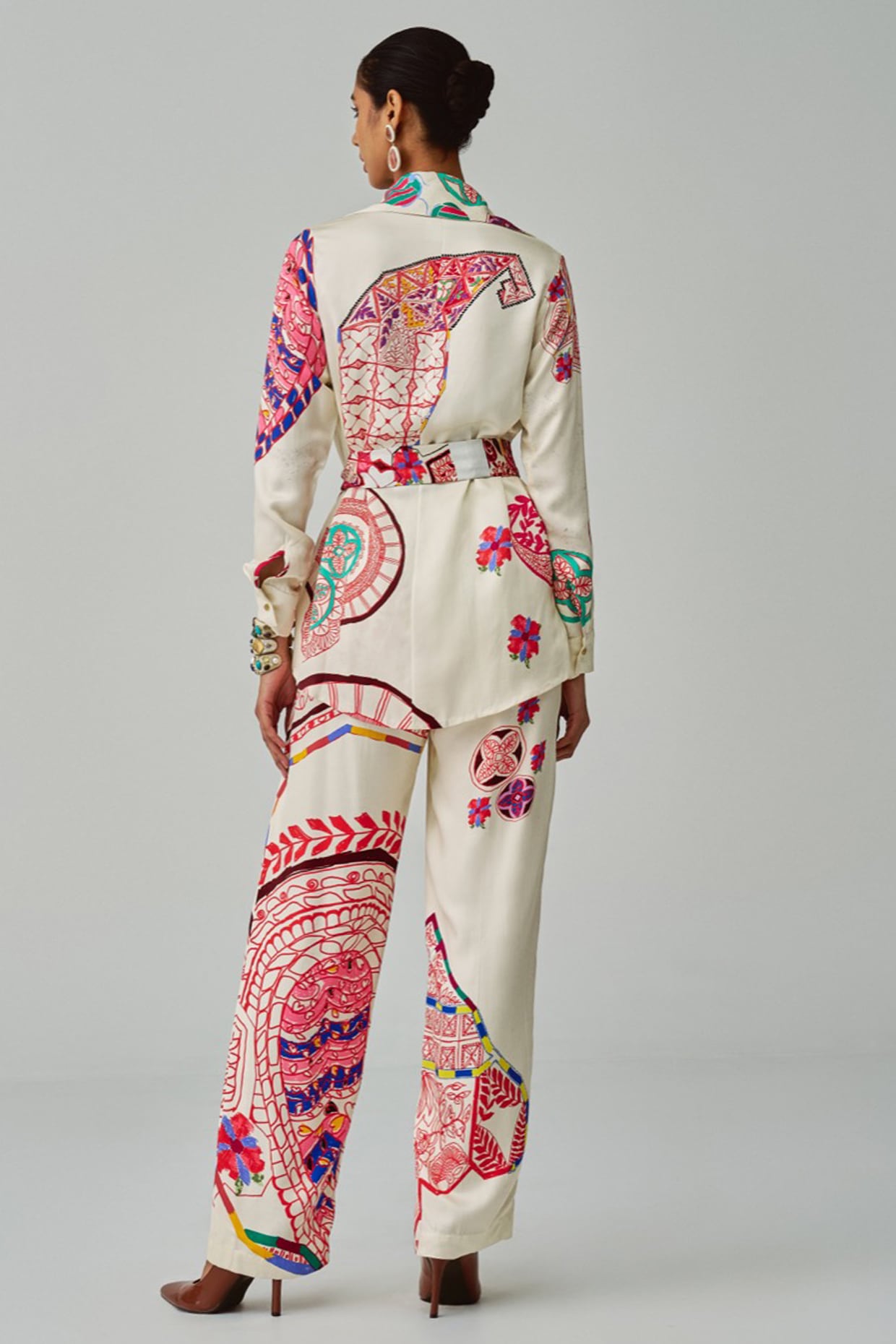 Ivory & Multi-Colored Habutai Paisley Printed Jacket Set by