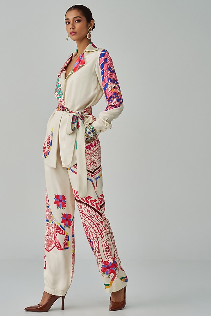 Ivory & Multi-Colored Habutai Paisley Printed Jacket Set by Saaksha & Kinni at Pernia's Pop Up Shop