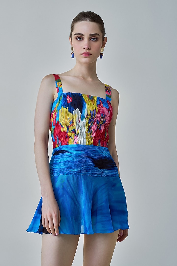 Blue & Multi-Colored Chiffon Floral Printed Mini Dress by Saaksha & Kinni