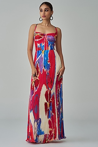 Pink & Red Chiffon Ikat Printed Maxi Dress by Saaksha & Kinni