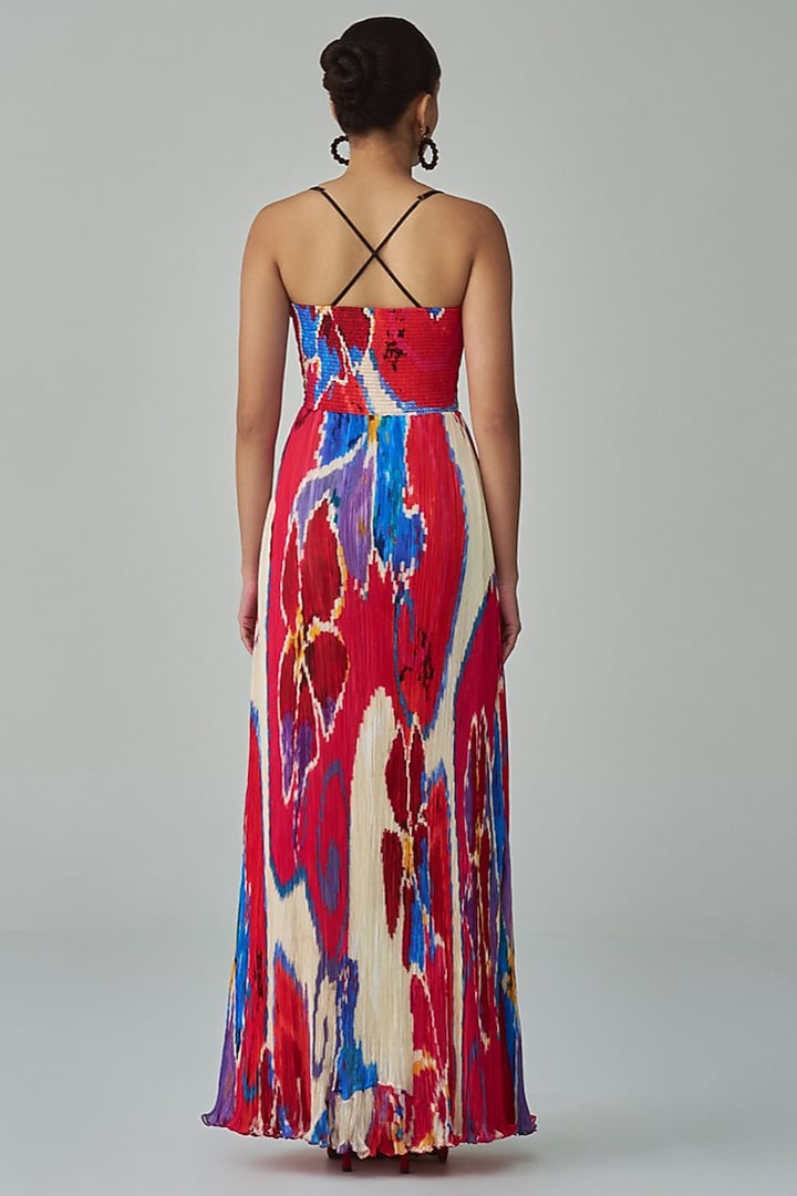 Pink & Red Chiffon Ikat Printed Maxi Vacation Dress by Saaksha & Kinni at Pernia's Pop Up Shop