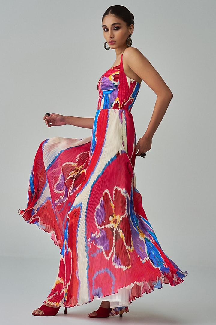 Pink & Red Chiffon Ikat Printed Maxi Vacation Dress by Saaksha & Kinni at Pernia's Pop Up Shop