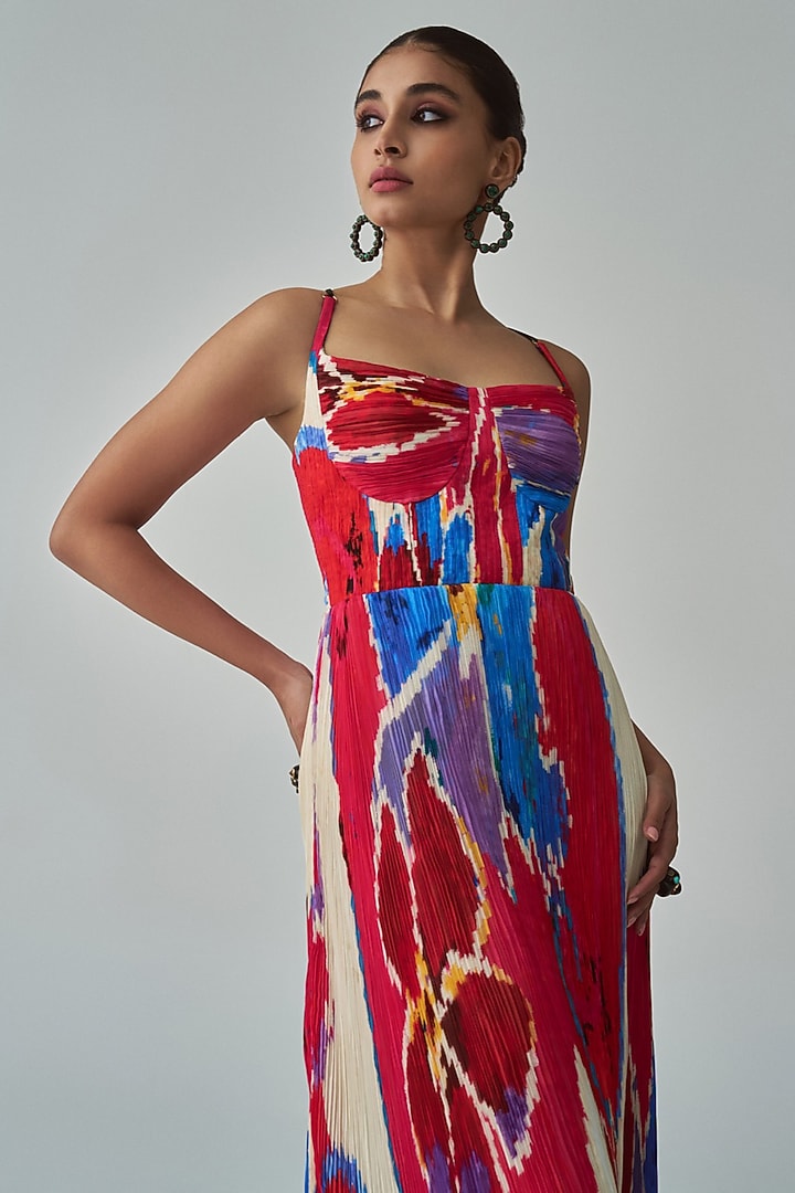 Pink & Red Chiffon Ikat Printed Maxi Vacation Dress by Saaksha & Kinni at Pernia's Pop Up Shop