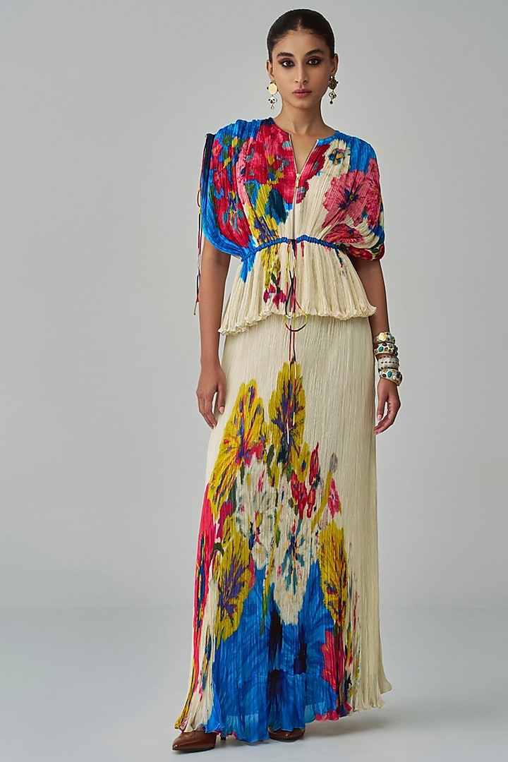 Ivory & Multi-Colored Chiffon Floral Printed Skirt Set by Saaksha & Kinni at Pernia's Pop Up Shop