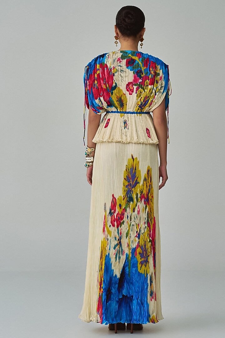 Ivory & Multi-Colored Chiffon Floral Printed Skirt Set by Saaksha & Kinni at Pernia's Pop Up Shop