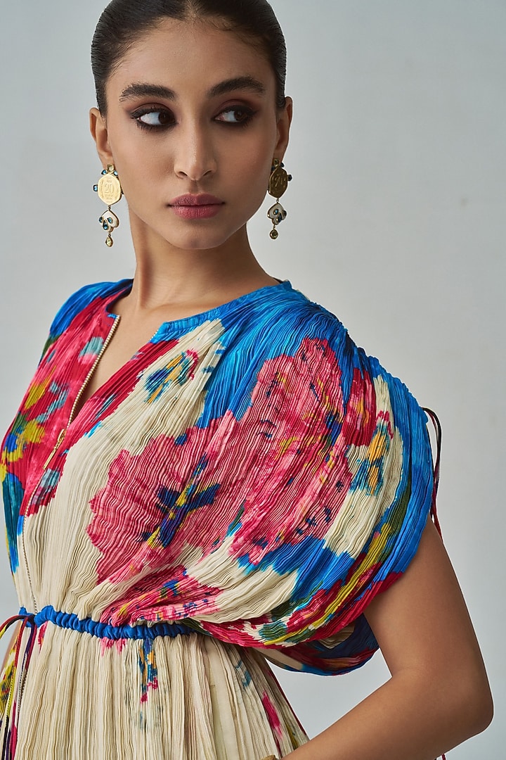Ivory & Multi-Colored Chiffon Floral Printed Skirt Set by Saaksha & Kinni at Pernia's Pop Up Shop