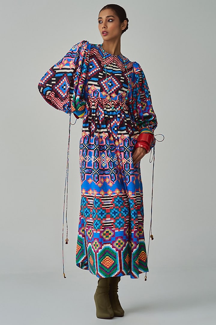 Blue & Multi-Colored Habutai Ikat Printed Midi Dress by Saaksha & Kinni
