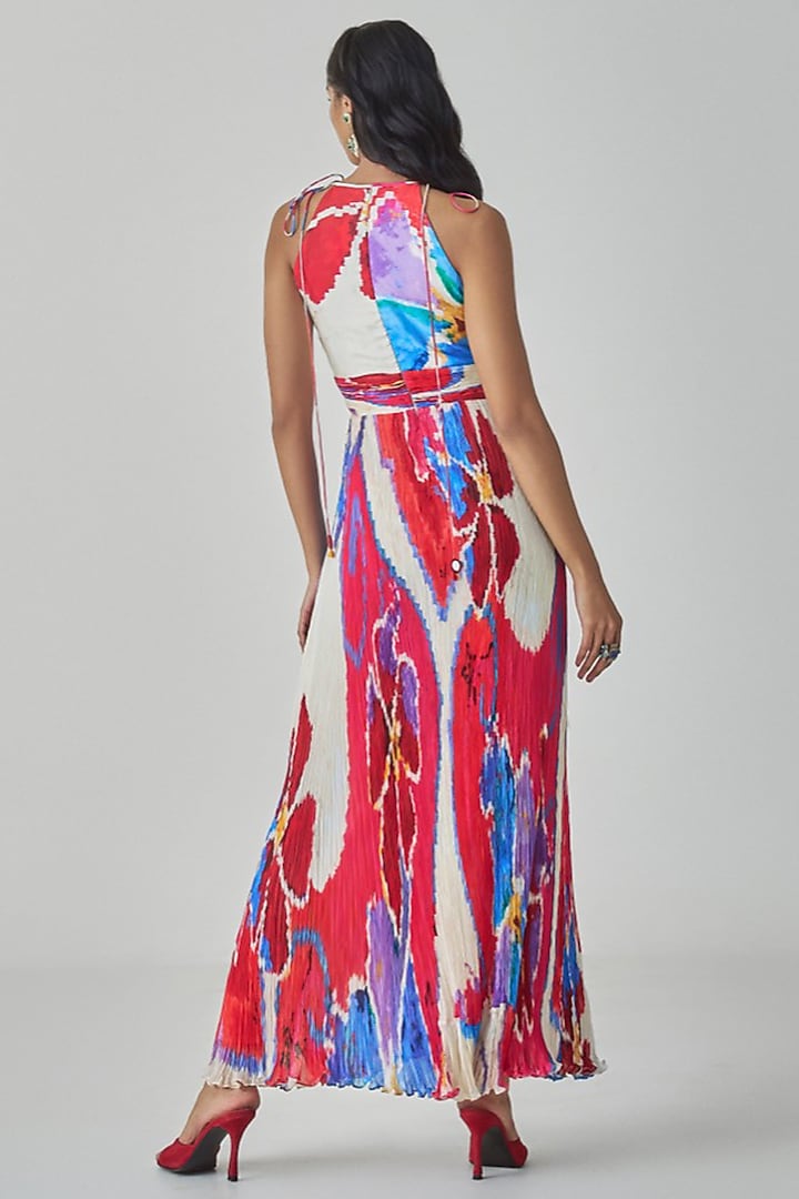 Pink & Red Chiffon Ikat Printed Maxi Vacation Dress by Saaksha & Kinni at Pernia's Pop Up Shop