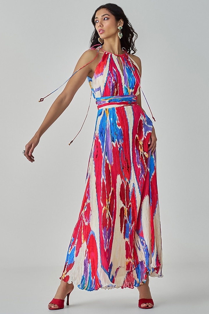 Pink & Red Chiffon Ikat Printed Maxi Vacation Dress by Saaksha & Kinni at Pernia's Pop Up Shop