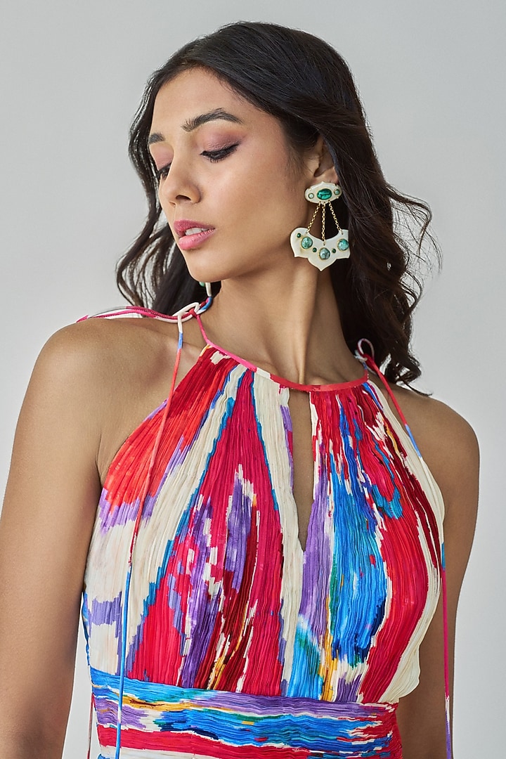 Pink & Red Chiffon Ikat Printed Maxi Vacation Dress by Saaksha & Kinni at Pernia's Pop Up Shop