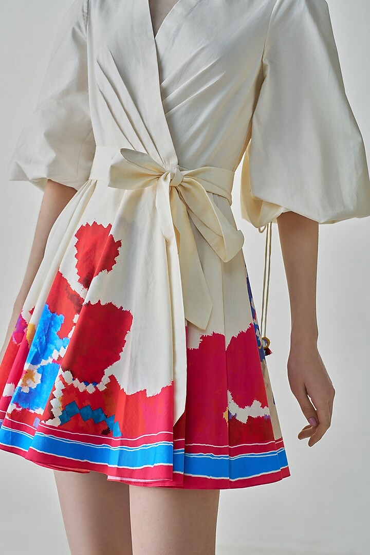 Ivory Cambric & Poplin Ikat Printed Wrap Style Mini Summer Dress by Saaksha & Kinni at Pernia's Pop Up Shop