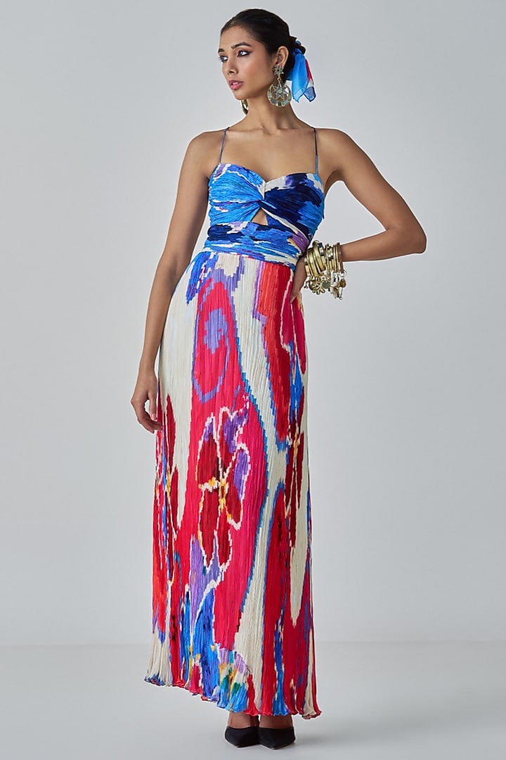 Multi-Colored Chiffon Ikat Printed Maxi Dress by Saaksha & Kinni