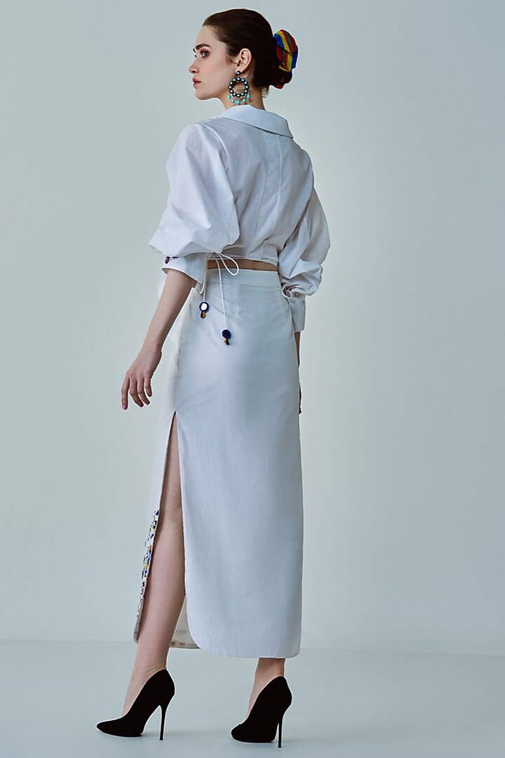 White Poplin Mirror Hand Embroidered Skirt Set by Saaksha & Kinni at Pernia's Pop Up Shop