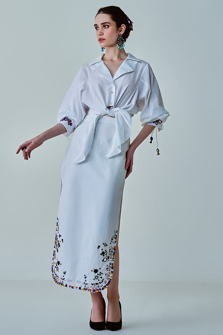 White Poplin Mirror Hand Embroidered Skirt Set by Saaksha & Kinni at Pernia's Pop Up Shop