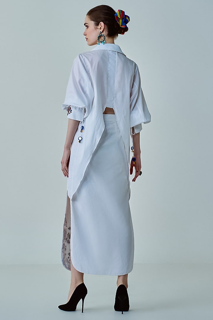 White Poplin Mirror Hand Embroidered Skirt Set by Saaksha & Kinni at Pernia's Pop Up Shop