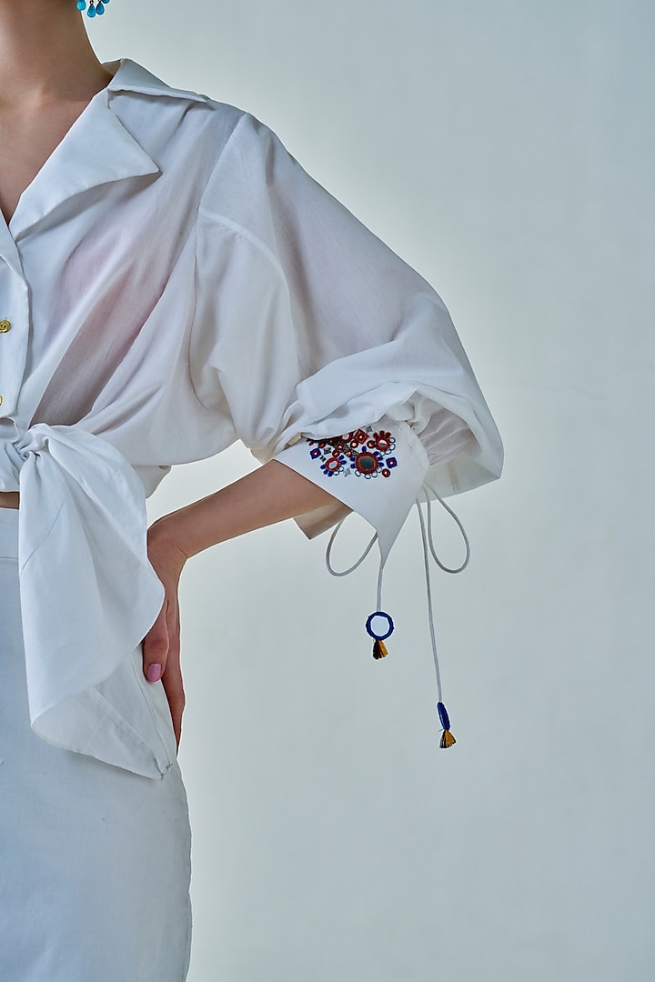 White Poplin Mirror Hand Embroidered Skirt Set by Saaksha & Kinni at Pernia's Pop Up Shop