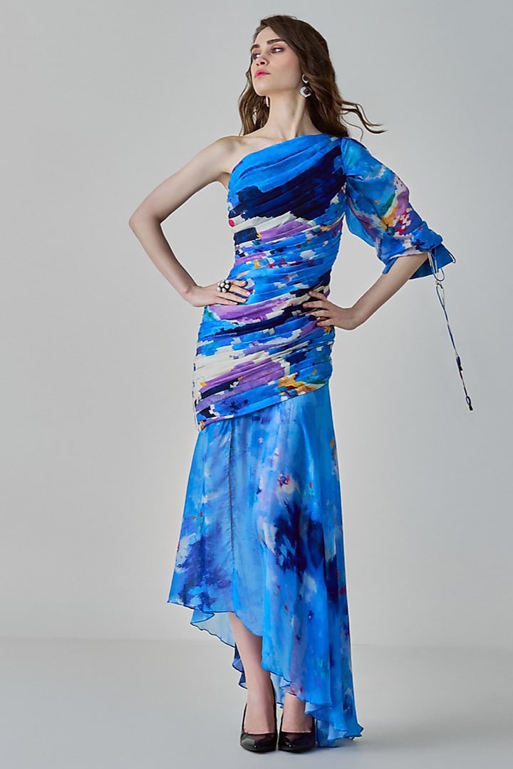 Blue Chiffon & Satin Ikat Printed Asymmetrical One-Shoulder Gown by Saaksha & Kinni