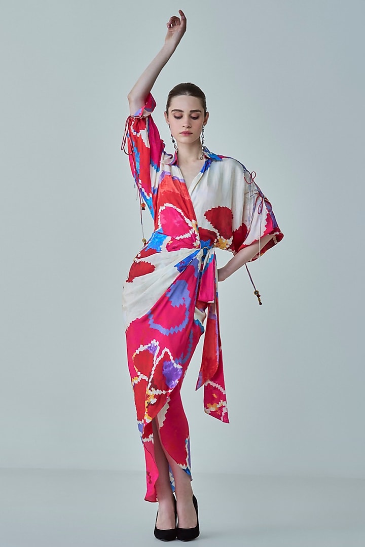 Pink & Red Habutai Ikat Printed Asymmetrical Wrap Style Maxi Dress by Saaksha & Kinni