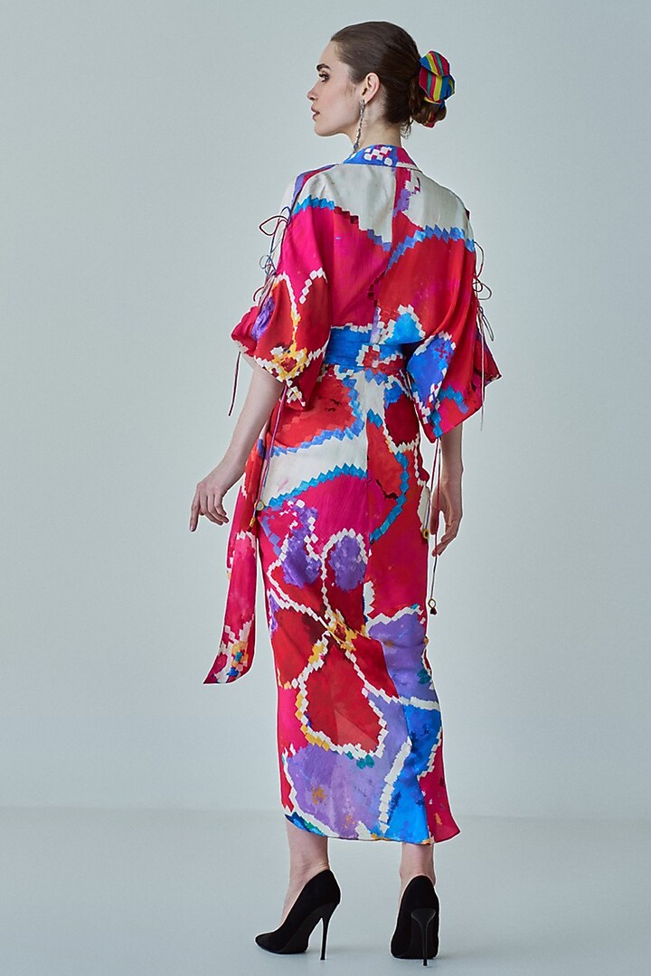 Pink & Red Habutai Ikat Printed Asymmetrical Wrap Style Maxi Vacation Dress by Saaksha & Kinni at Pernia's Pop Up Shop