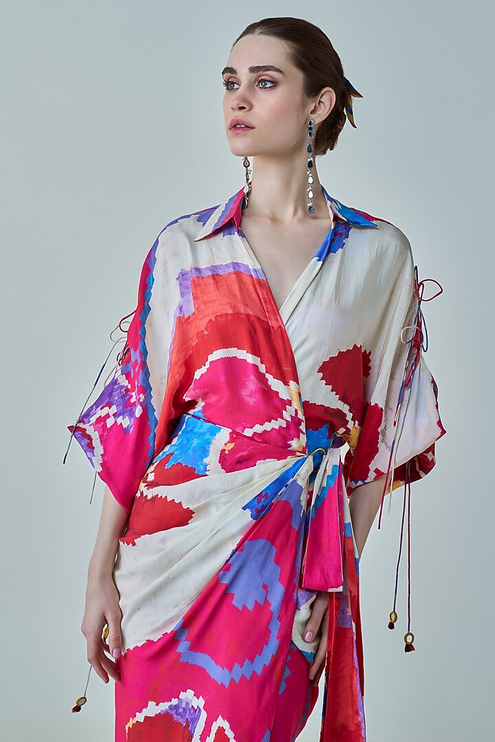 Pink & Red Habutai Ikat Printed Asymmetrical Wrap Style Maxi Vacation Dress by Saaksha & Kinni at Pernia's Pop Up Shop