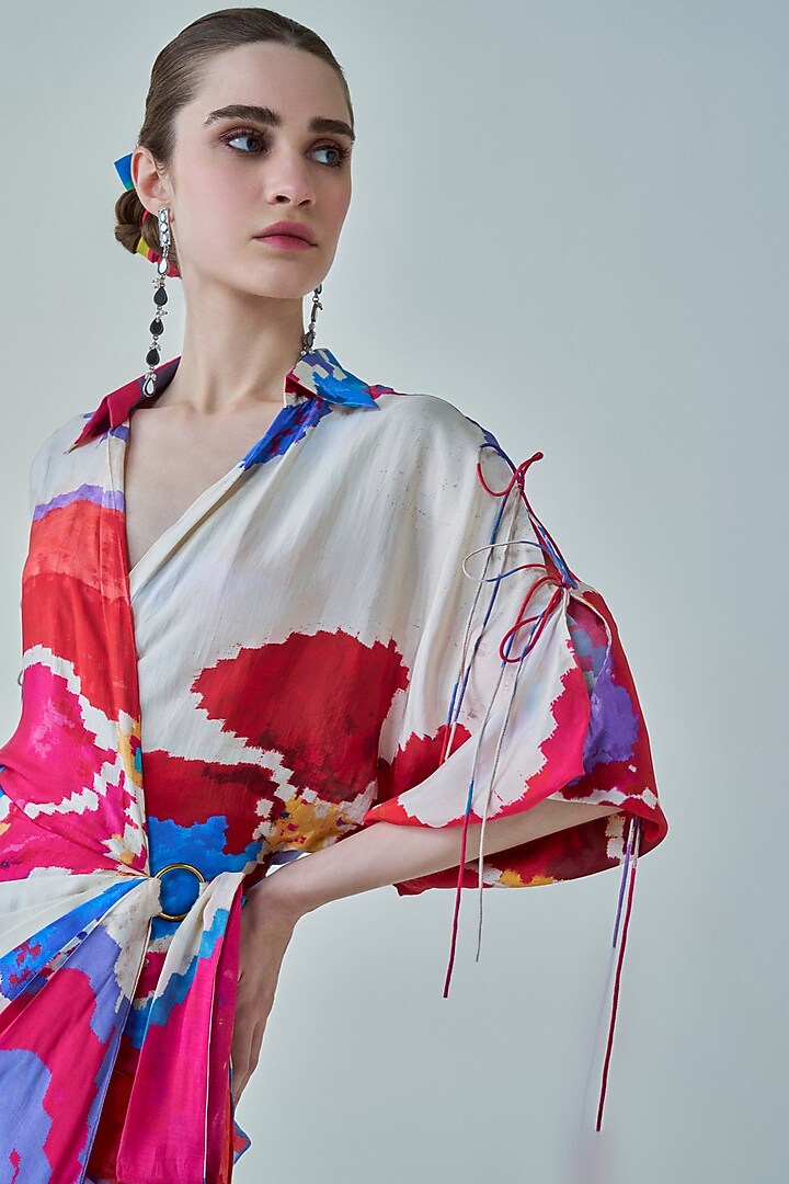 Pink & Red Habutai Ikat Printed Asymmetrical Wrap Style Maxi Vacation Dress by Saaksha & Kinni at Pernia's Pop Up Shop
