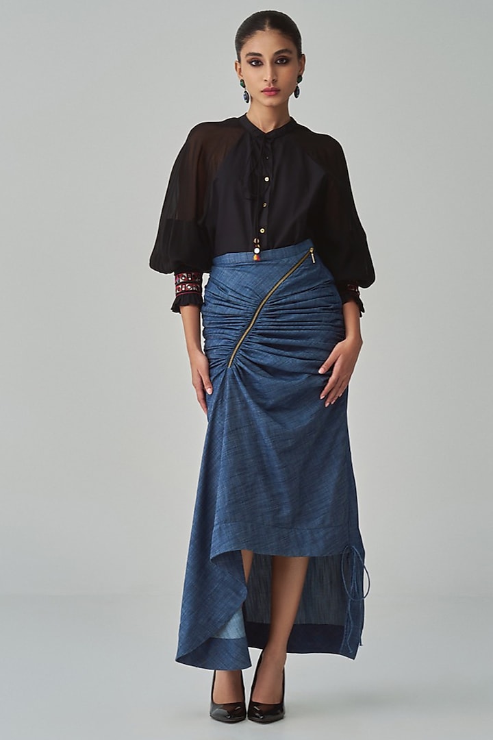 Blue Denim Asymmetric Gathered Skirt Set by Saaksha & Kinni at Pernia's Pop Up Shop