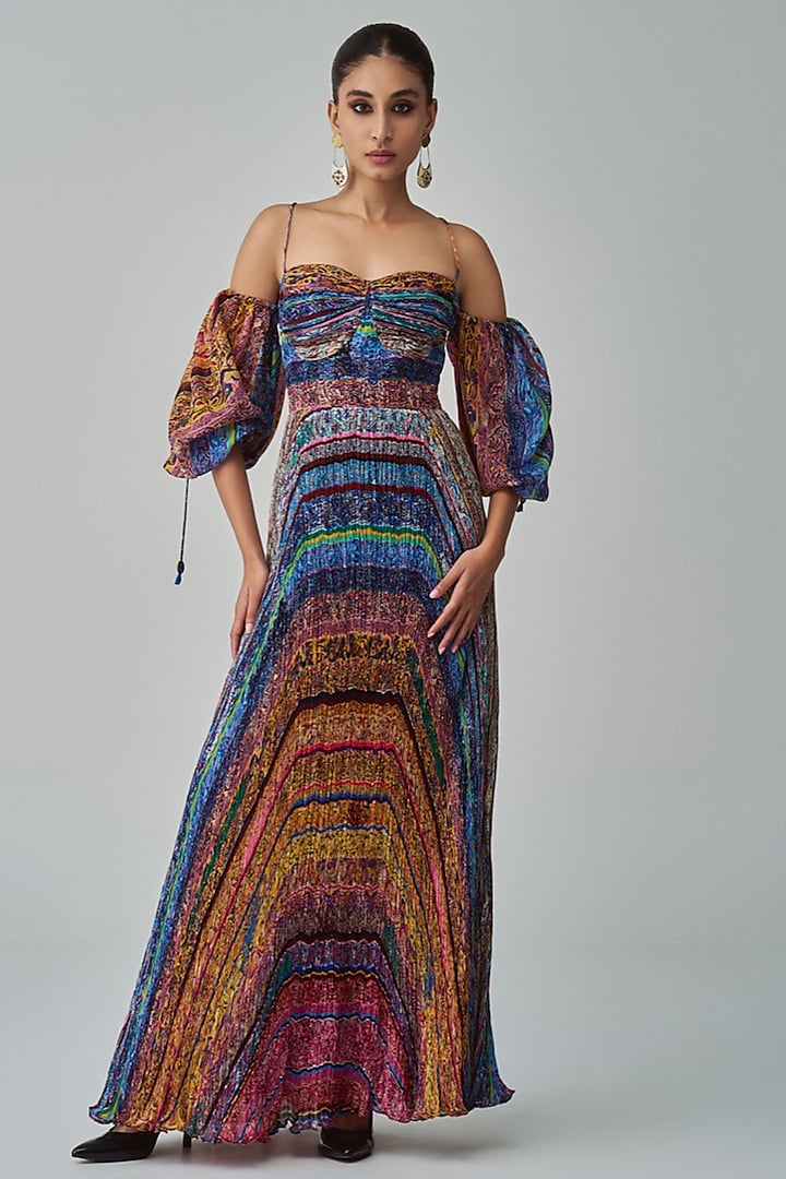 Multi-Colored Chiffon Block Printed Maxi Dress by Saaksha & Kinni