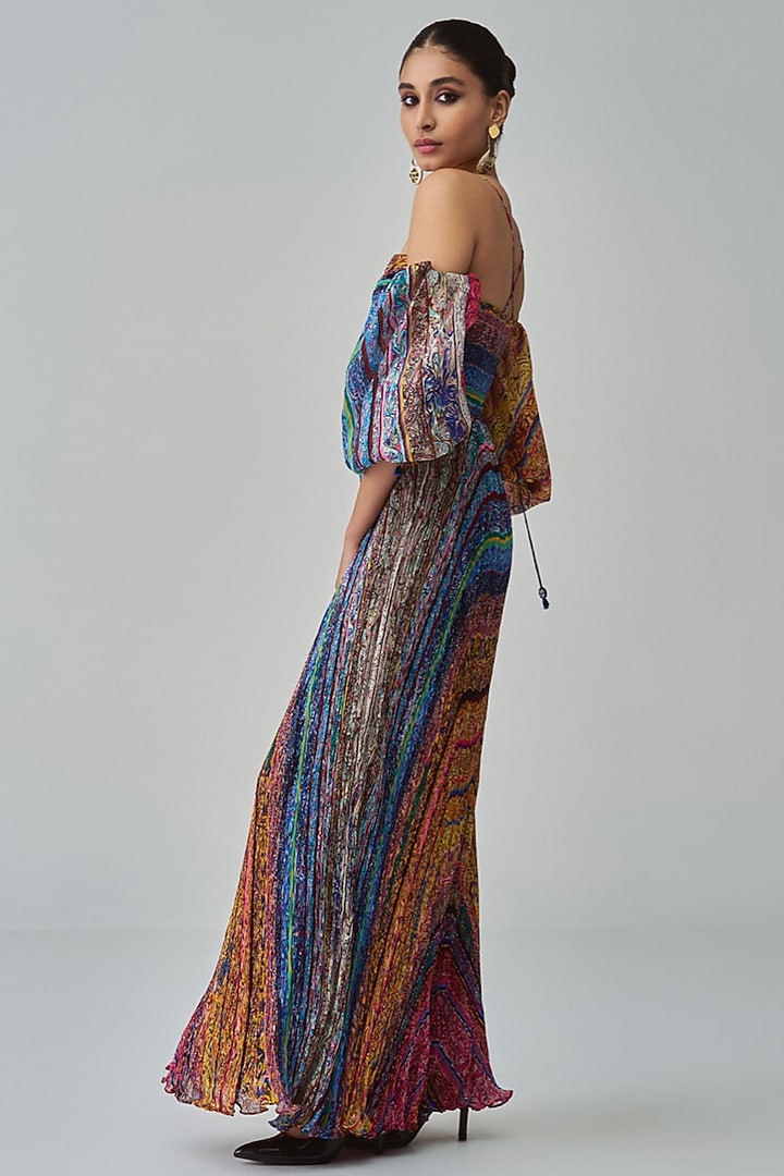 Multi-Colored Chiffon Block Printed Maxi Vacation Dress by Saaksha & Kinni at Pernia's Pop Up Shop