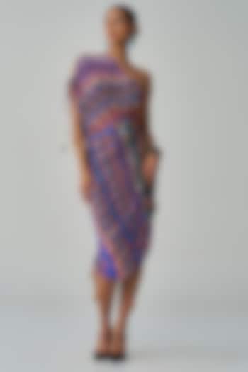Blue & Multi-Colored Cotton Silk Ikat Printed One-Shoulder Midi Dress  by Saaksha & Kinni