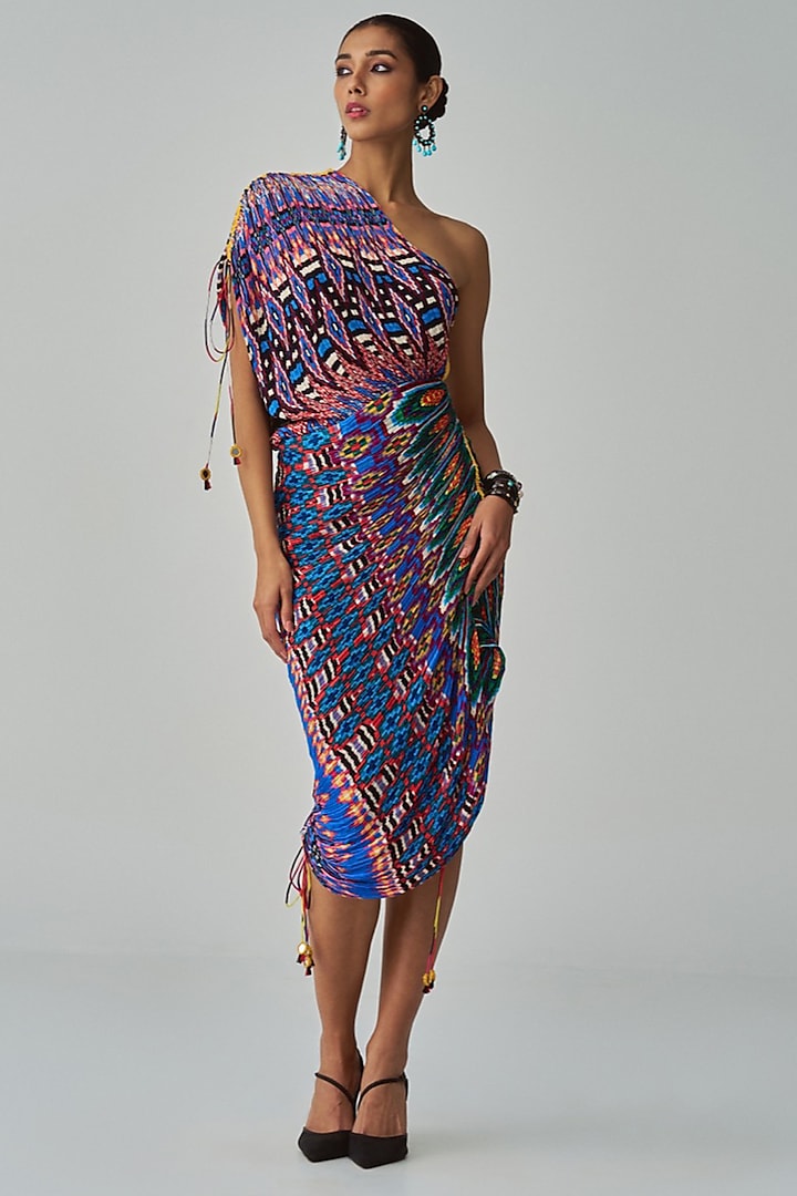 Blue & Multi-Colored Cotton Silk Ikat Printed One-Shoulder Midi Dress  by Saaksha & Kinni