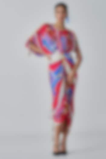 Pink & Red Cotton Silk Ikat Printed Kaftan Style Midi Dress by Saaksha & Kinni at Pernia's Pop Up Shop