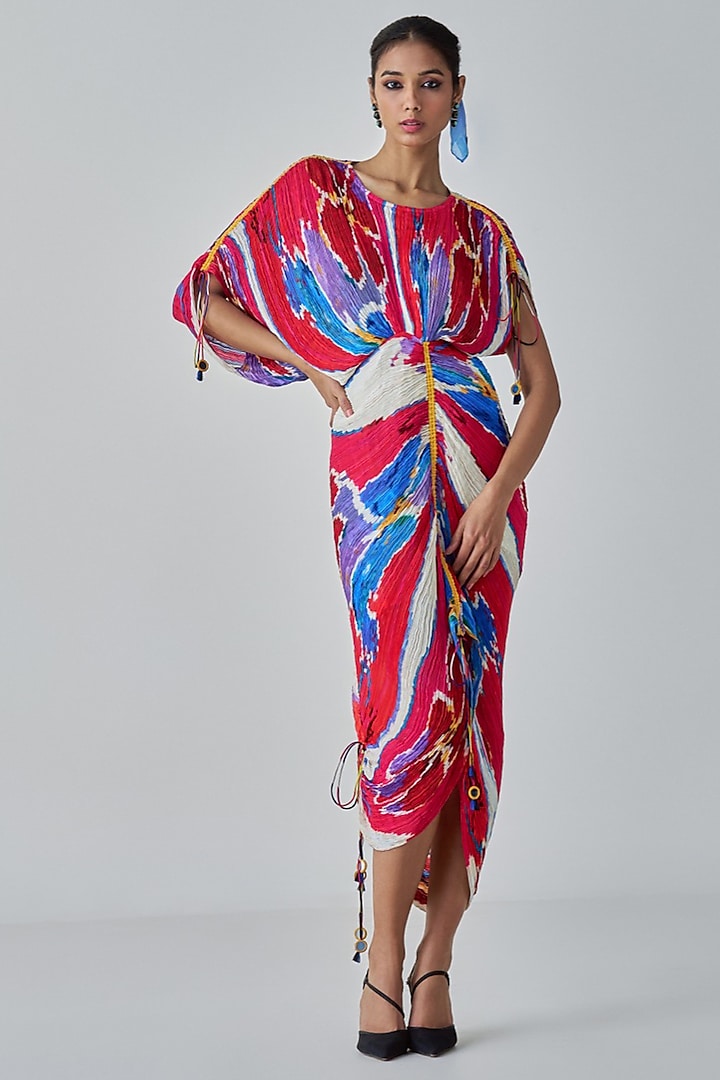 Pink & Red Cotton Silk Ikat Printed Kaftan Style Midi Dress by Saaksha & Kinni
