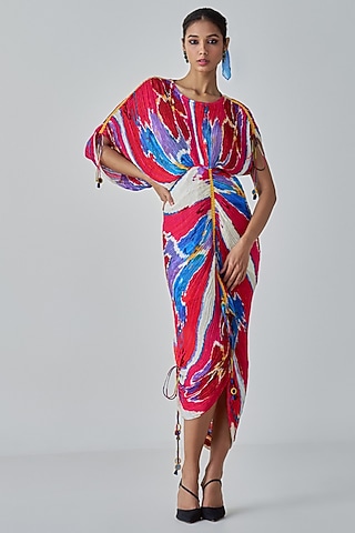 Pink & Red Cotton Silk Ikat Printed Kaftan Style Midi Dress by Saaksha & Kinni