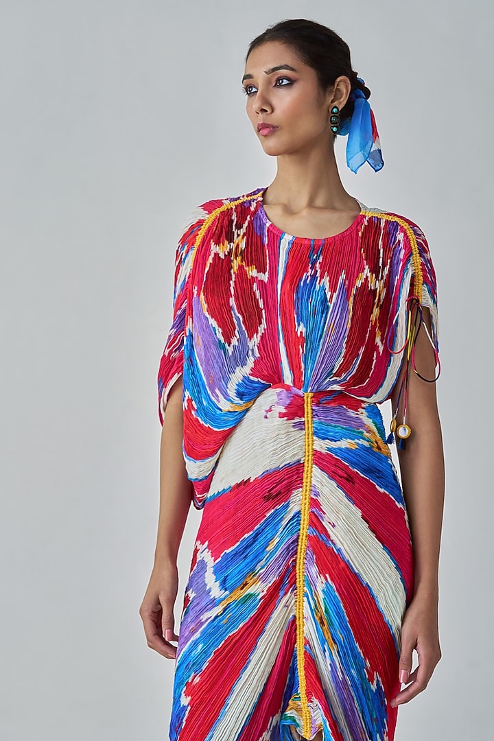 Pink & Red Cotton Silk Ikat Printed Kaftan Style Midi Vacation Dress by Saaksha & Kinni at Pernia's Pop Up Shop
