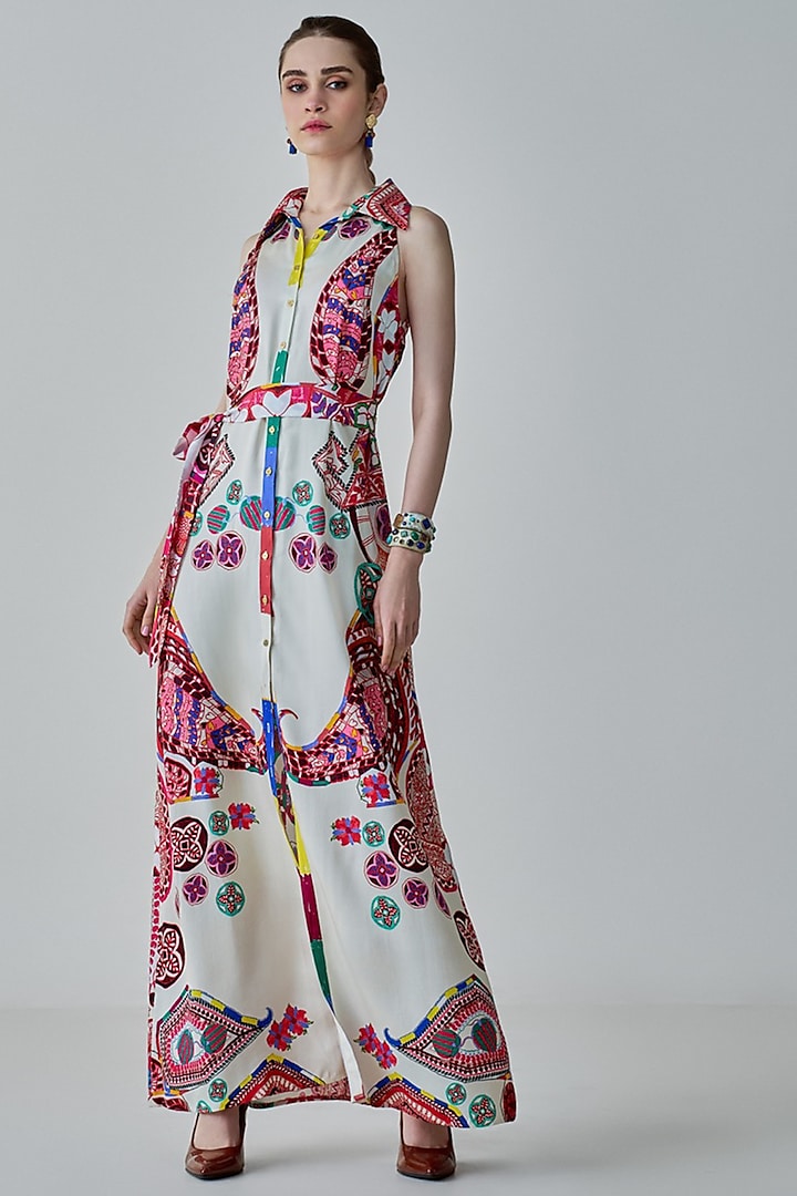 Ivory & Multi-Colored Satin Paisley Printed Maxi Shirt Dress by Saaksha & Kinni