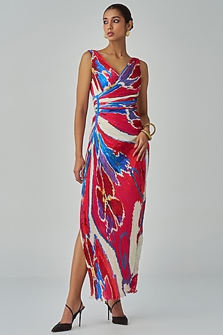 Pink & Red Cotton Silk Ikat Printed Maxi Dress by Saaksha & Kinni