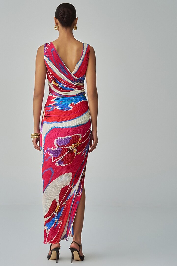 Pink & Red Cotton Silk Ikat Printed Maxi Vacation Dress by Saaksha & Kinni at Pernia's Pop Up Shop