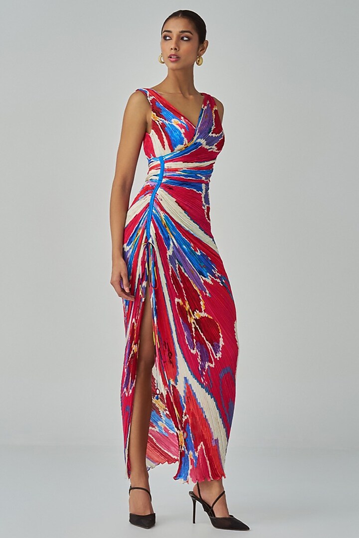 Pink & Red Cotton Silk Ikat Printed Maxi Vacation Dress by Saaksha & Kinni at Pernia's Pop Up Shop