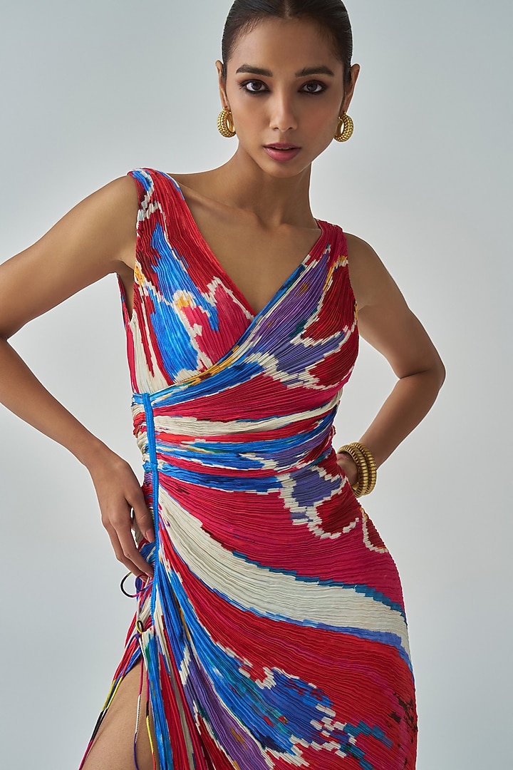 Pink & Red Cotton Silk Ikat Printed Maxi Vacation Dress by Saaksha & Kinni at Pernia's Pop Up Shop