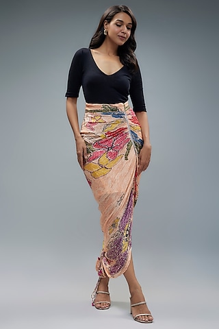 Peach Cotton Silk Bandhani Printed Adjustable Skirt by Saaksha & Kinni