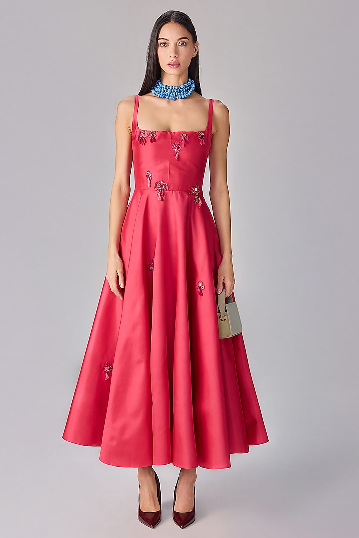 Pink Taffeta Applique Work Midi Vacation Dress by Saaksha & Kinni at Pernia's Pop Up Shop